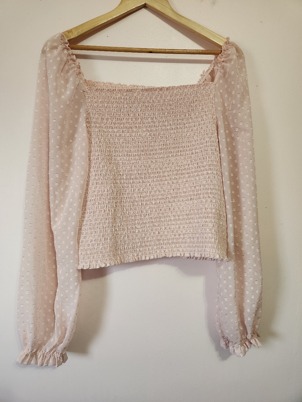 Laundry by Shelli Segal Blush Pink Smocked Clip Dot Crop Top Sheer Sleeves Sz XL